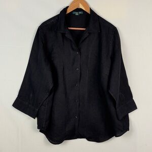 Lauren Ralph Lauren Women's ¾ Sleeve 100% Linen Button Shirt 1X Black Breathable